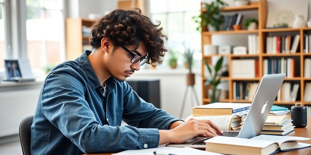 Freelancer studying on a laptop with books and notes.