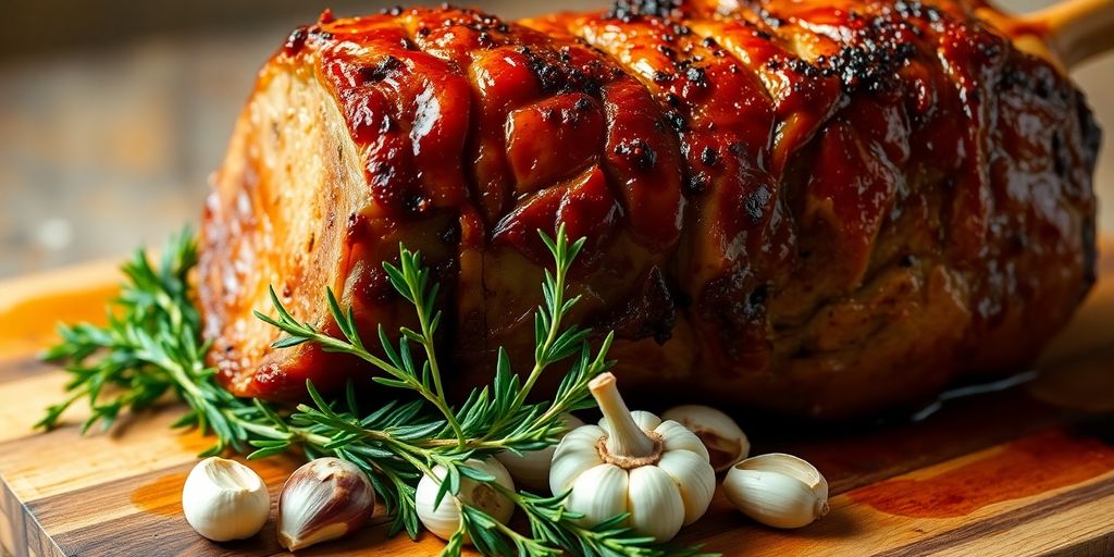 Vegan lamb roast, rosemary, garlic, golden brown.