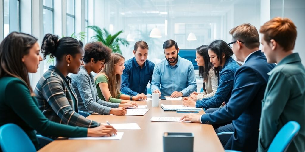 Menschen arbeiten in sauberer Umgebung mit blauem Akzent.