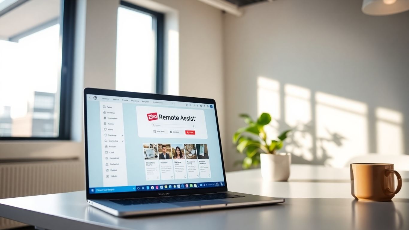 Zoho Remote Assist interface on a laptop in a bright office.