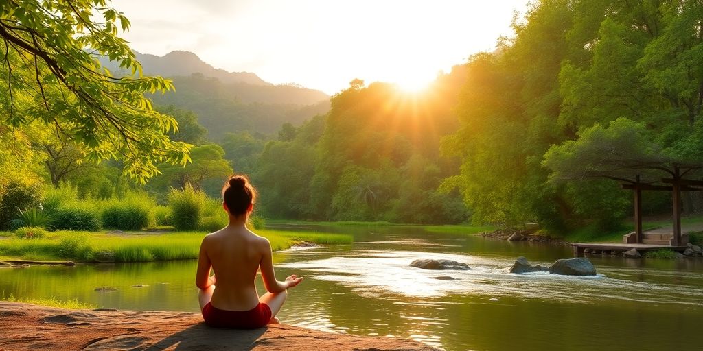 Person meditating in a serene Thai landscape.