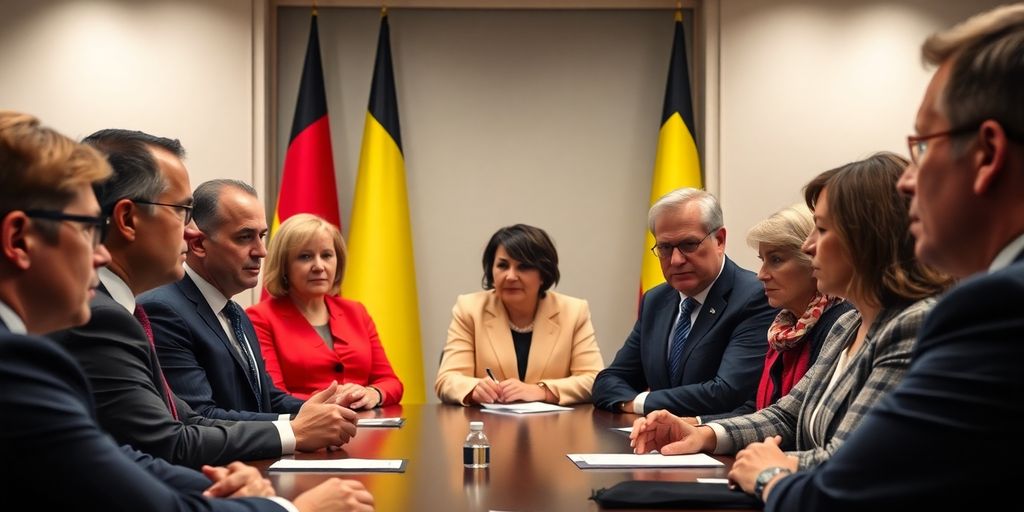 Groupe de politiciens belges en discussion sérieuse.