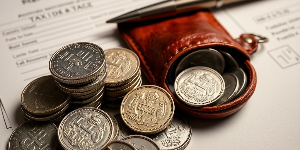 Pièces d'argent françaises empilées, bourse et documents fiscaux