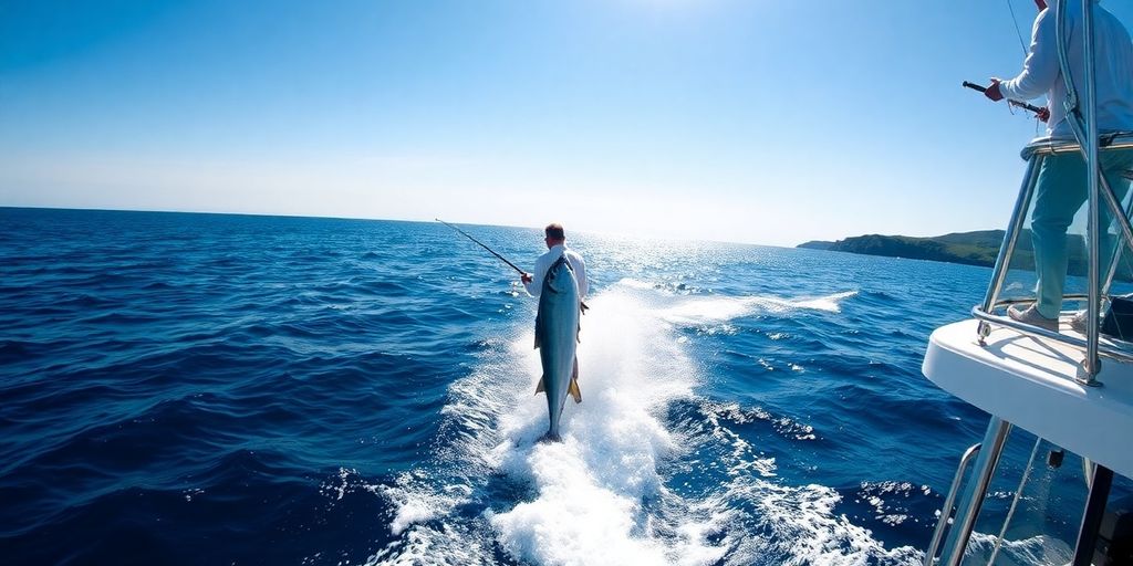 A fishing boat with a person reeling in a fish.