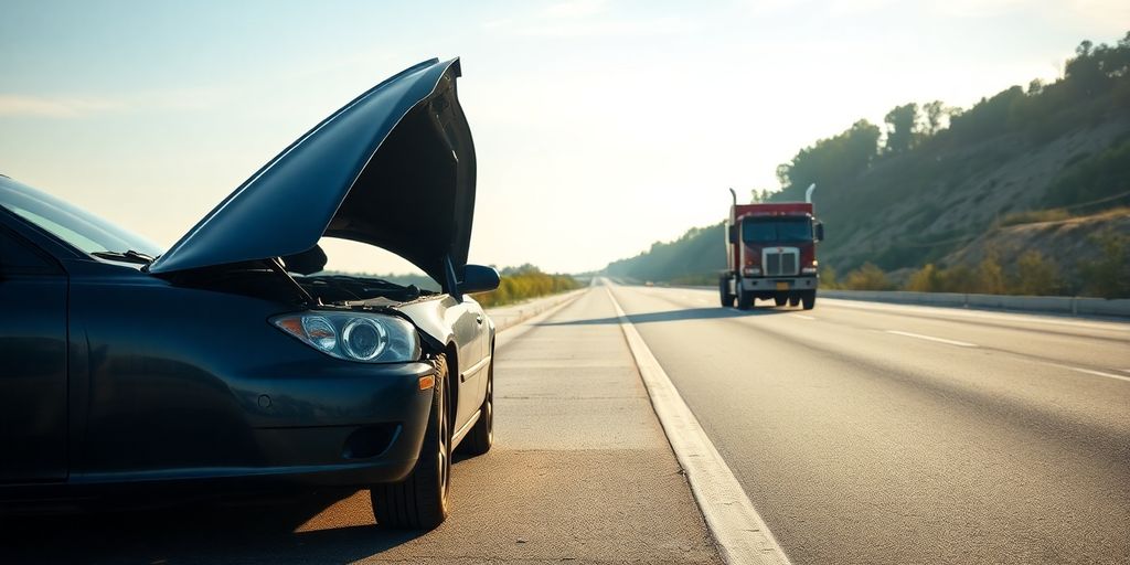 Car broken down on shoulder, tow truck approaching.