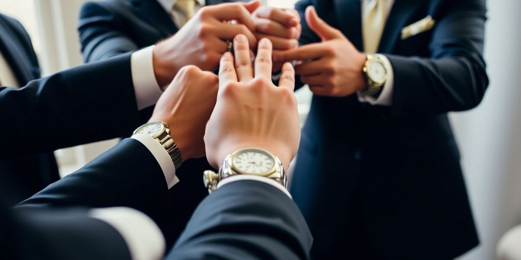 Groomsmen wearing custom watches, raising glasses in cheers.