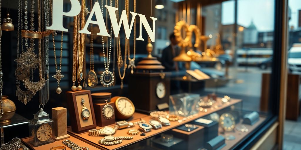 Vitrine d'un prêteur sur gage avec des objets précieux.