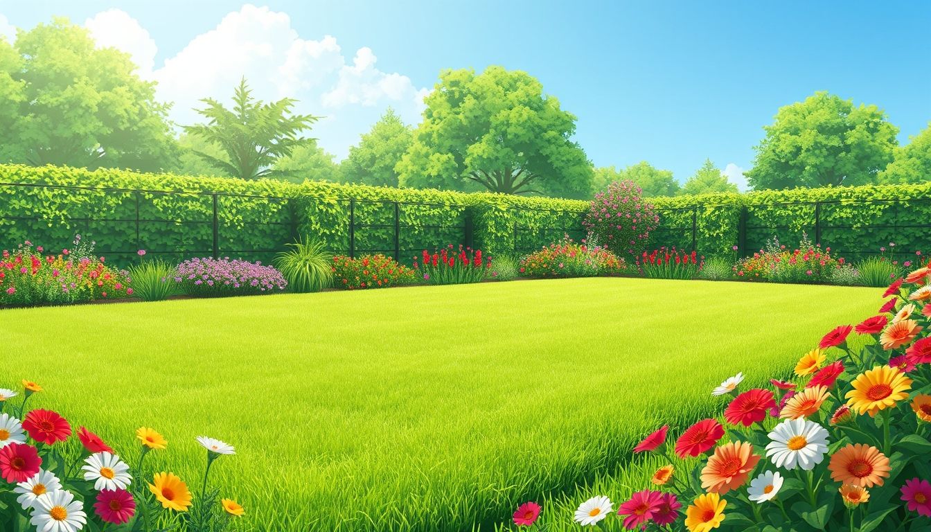 Freshly laid garden turf with vibrant flowers