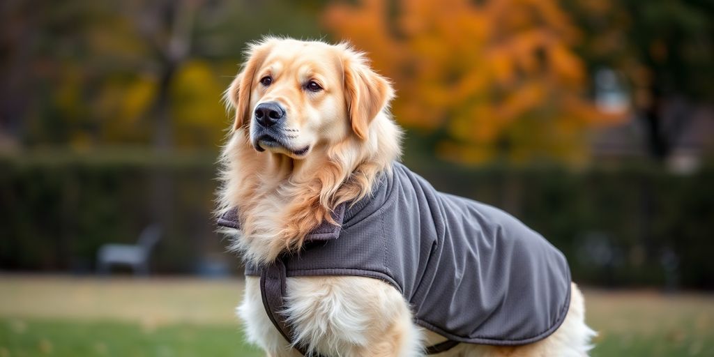 Large dog wearing a fitted coat, standing outdoors.