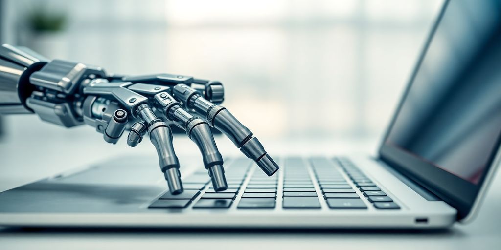 Robotic hand typing on a laptop keyboard.