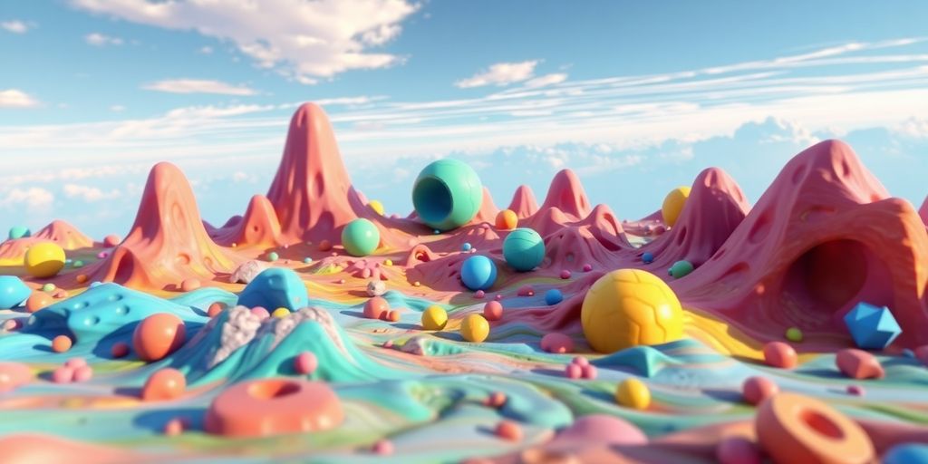 Colorful 3D digital landscape painting with dynamic textures.