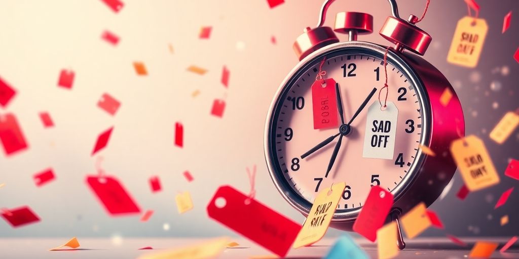 Clock face with falling price tags during a sale.