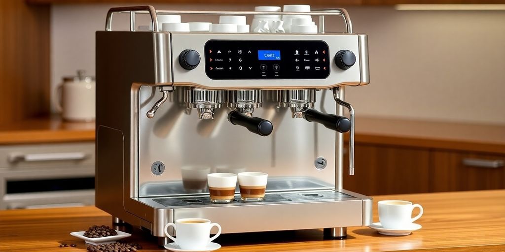 Rancilio Classe 9 coffee machine on a wooden countertop.