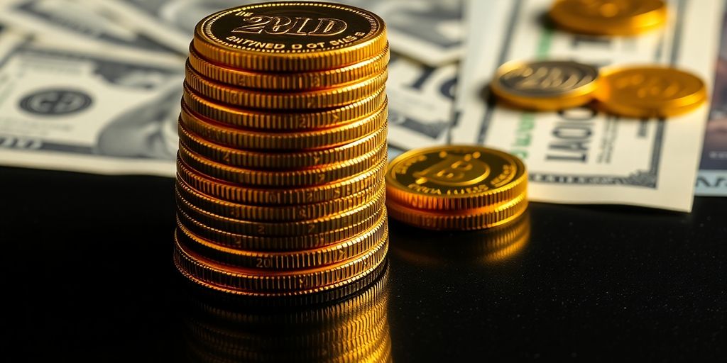 Pièces d'or empilées sur une surface sombre réfléchissante.