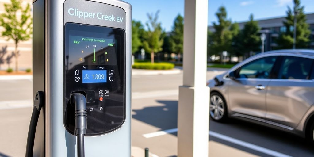 Clipper Creek EV charging station with electric vehicle plugged in.