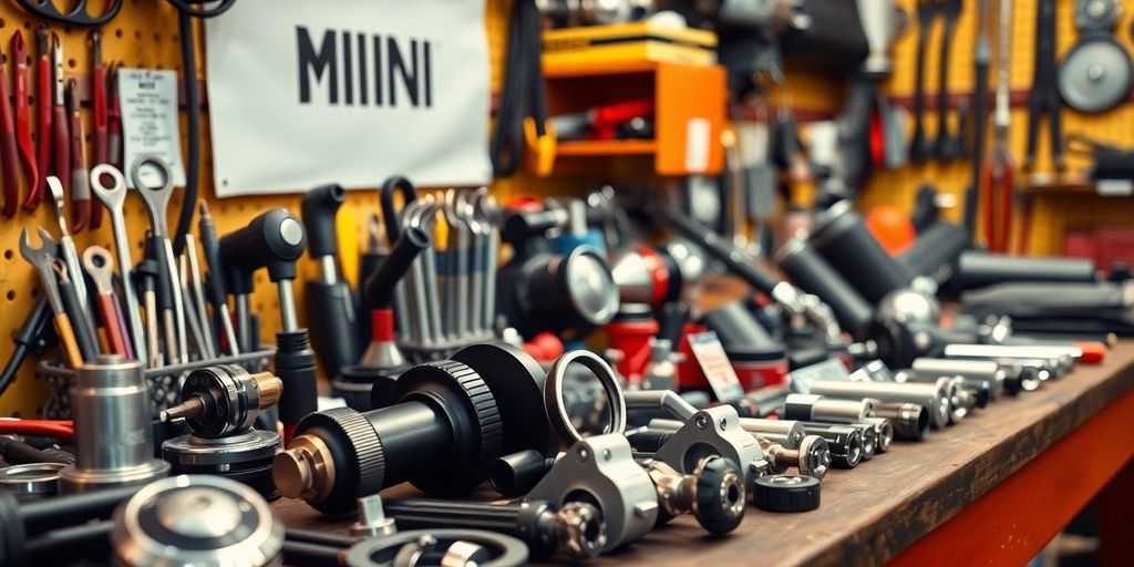 Photograph of genuine Mini parts on a workbench.