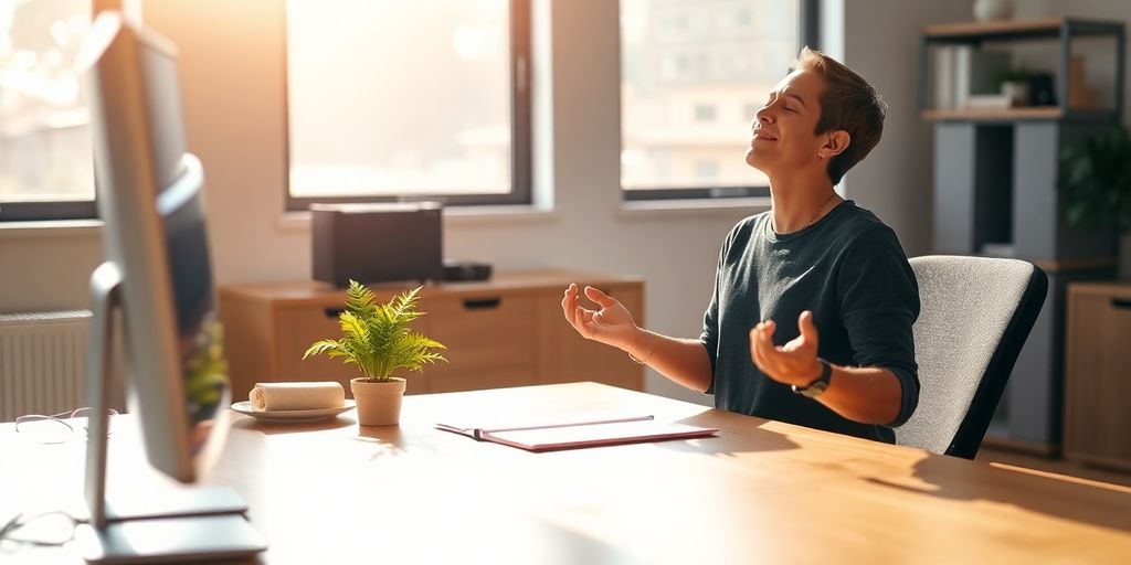 Person meditating calmly at a bright, tidy workspace.