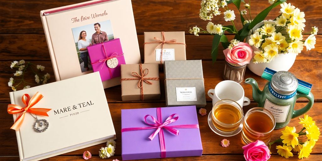 Colorful gifts for retired women on a wooden table.