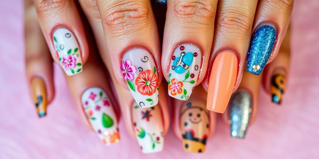 Unhas decoradas com designs coloridos e texturas diversas.