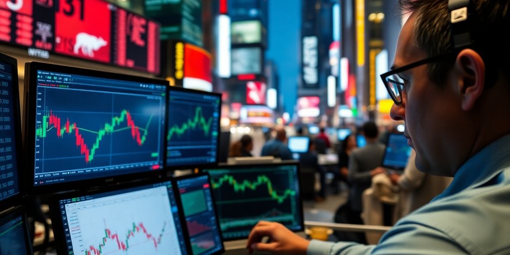 Trader analyzing Forex charts in a busy financial setting.