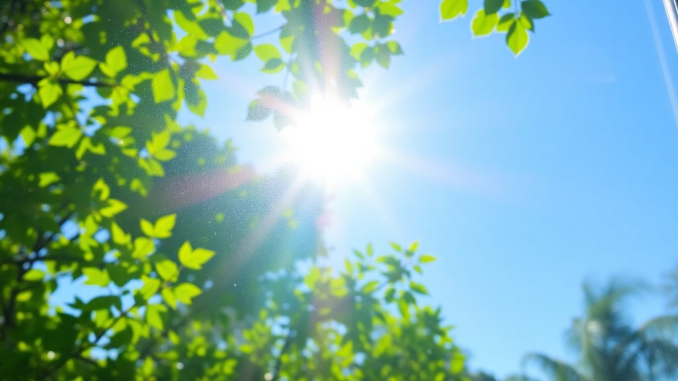 Sparkling window, green leaves, natural light.