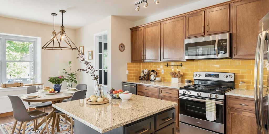 Modern kitchen with fresh colors and stylish decor.