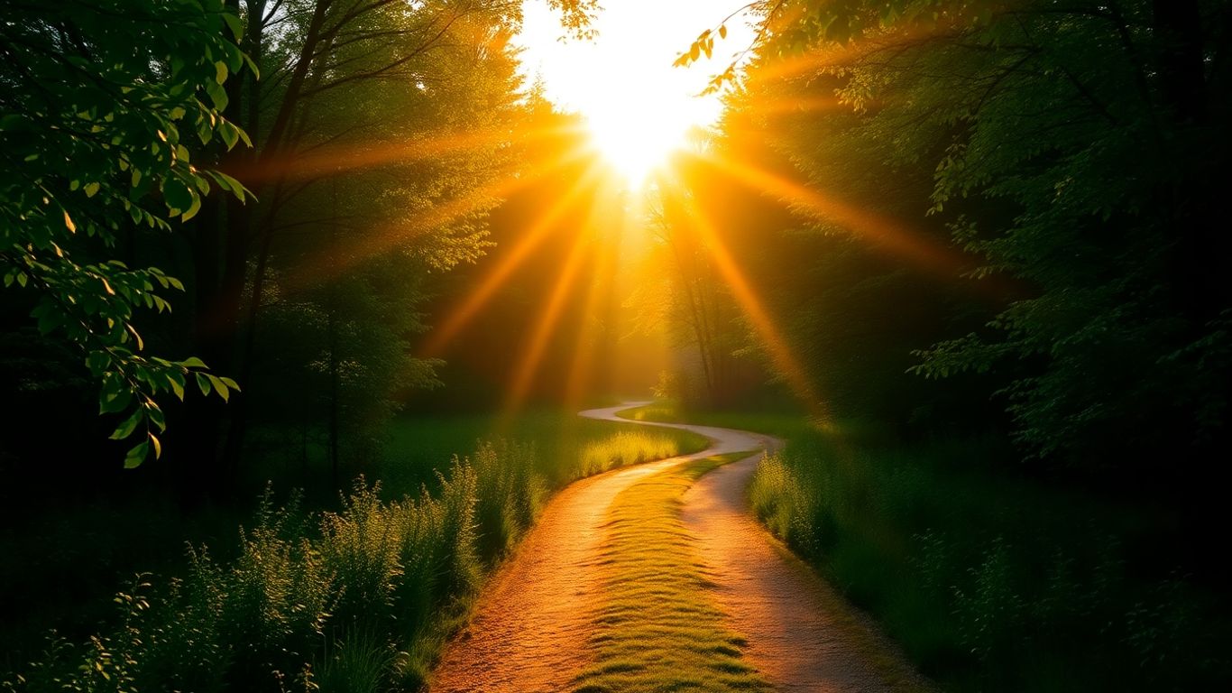Sunrise over forest path