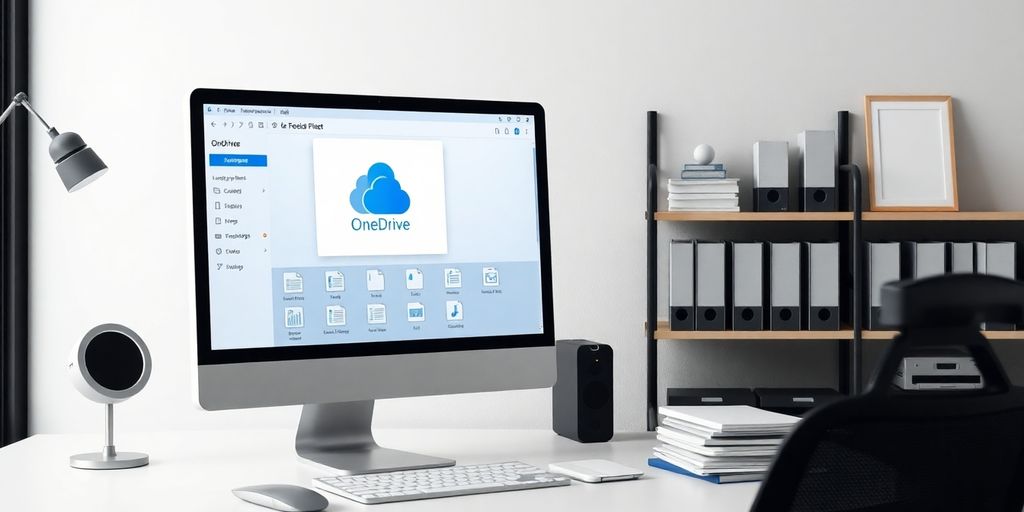 Modern workspace with OneDrive interface and organized files.