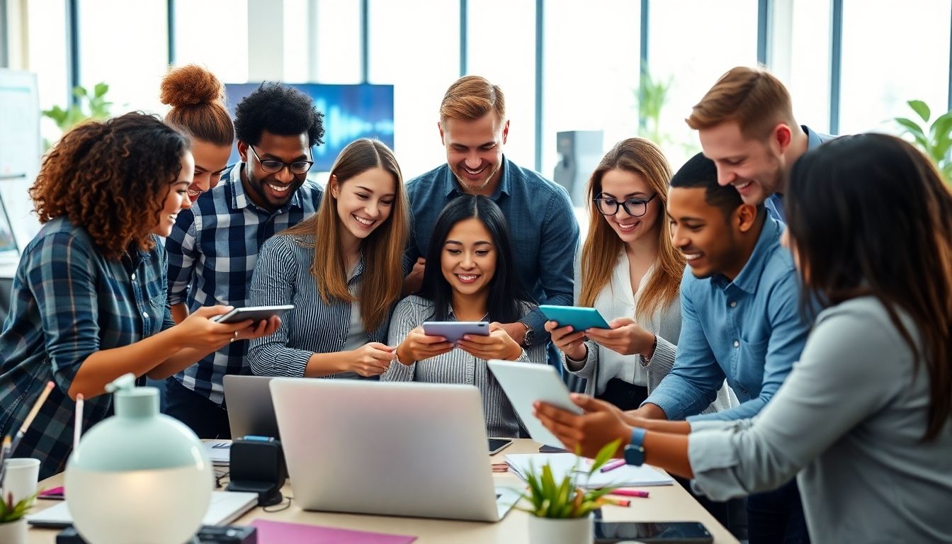 Diverse team collaborating in a vibrant modern workspace.