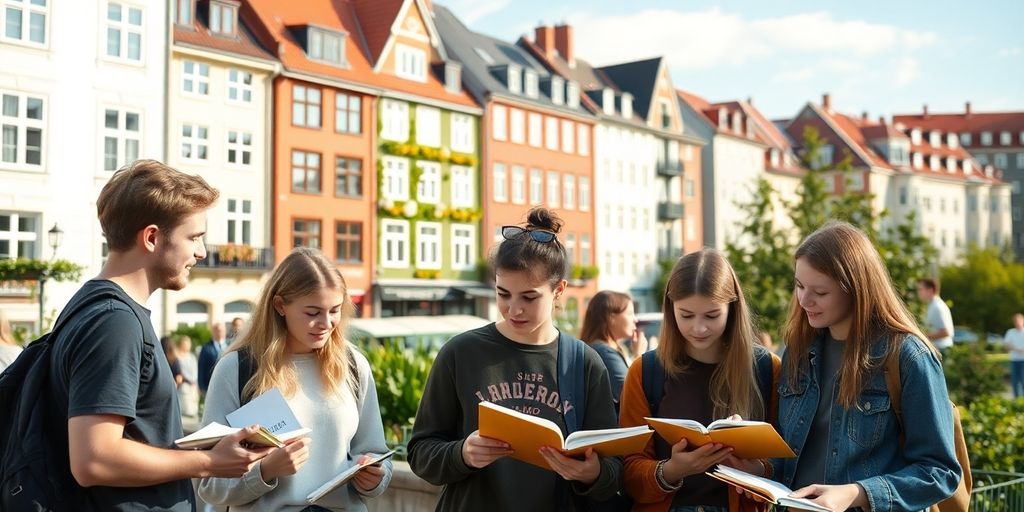 Scandinavian cityscape with students studying outdoors.
