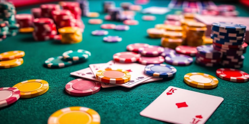 Table de casino avec des jetons et des cartes.