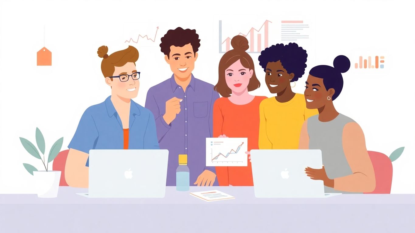 Illustrasjon av team som samarbeider om markedsstrategi.