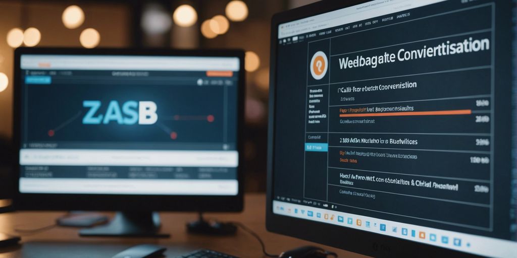 Split-screen graphic of two webpage versions for A/B testing, highlighting different headlines and call-to-action buttons for SEO improvement.