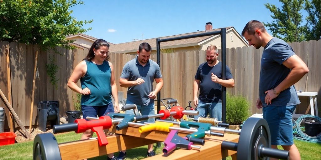 Family building backyard CrossFit equipment together.