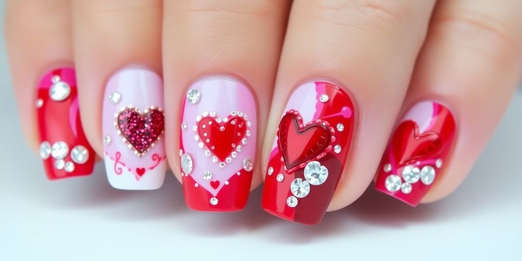 Unhas decoradas com corações e strass brilhantes.