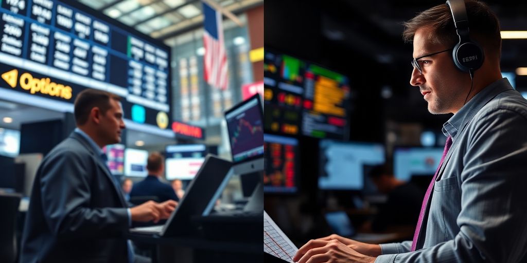 Traders at stock exchange and analyzing options trading.