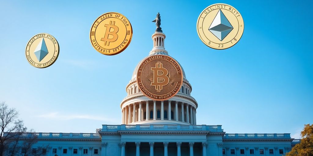 Digital coins soaring over US Capitol.