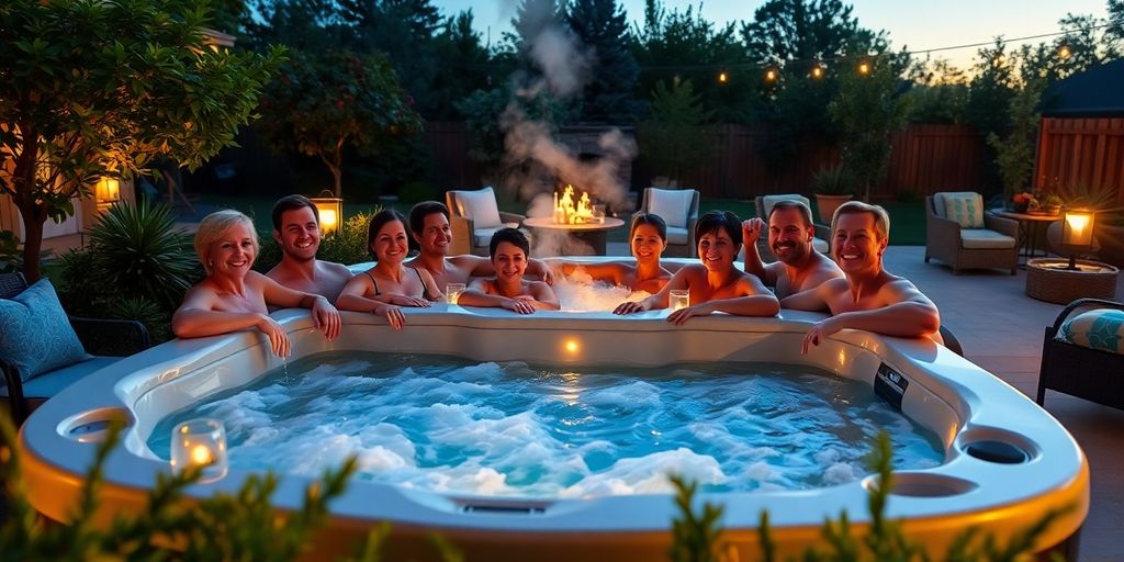 Eight people relaxing in a hot tub.