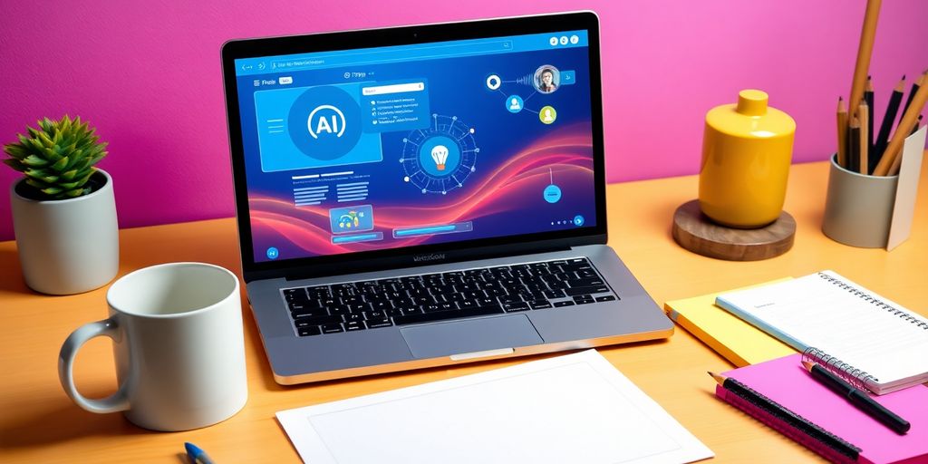 Modern workspace with laptop and AI tools.