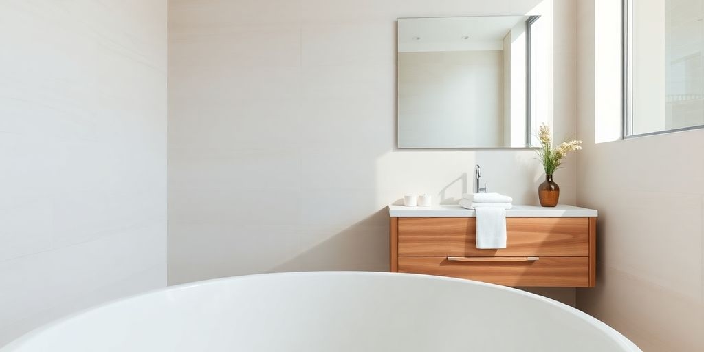 Elegant bathroom, budget-friendly materials, modern design.