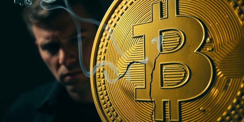 Cracked crypto coin, rising smoke, distressed investor.