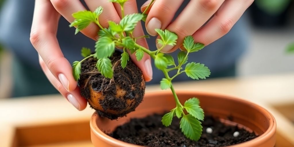 Tomatenpflanze wird in größeren Topf umgetopft