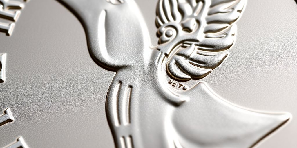Close-up of a gleaming silver proof coin.