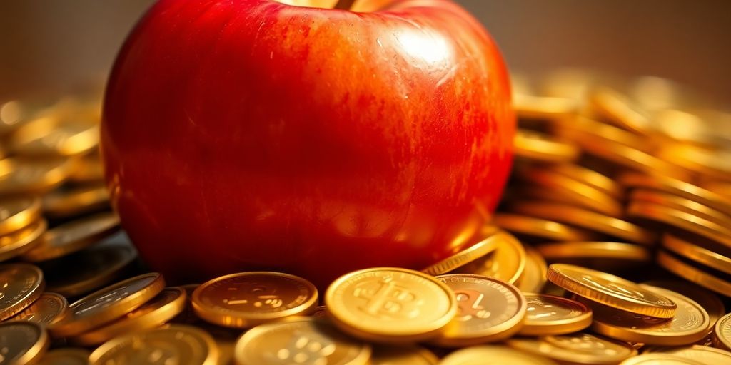 Shining apple on a pile of golden coins.