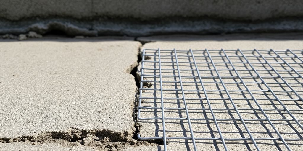 Close-up of concrete slab with welded wire mesh.