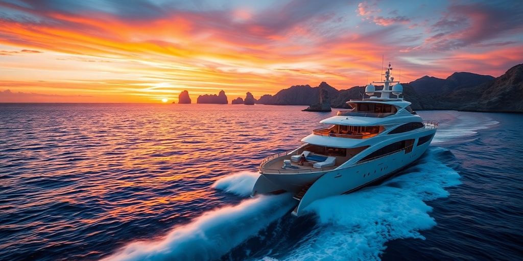 Luxury yacht sailing near Cabo coastline at sunset.