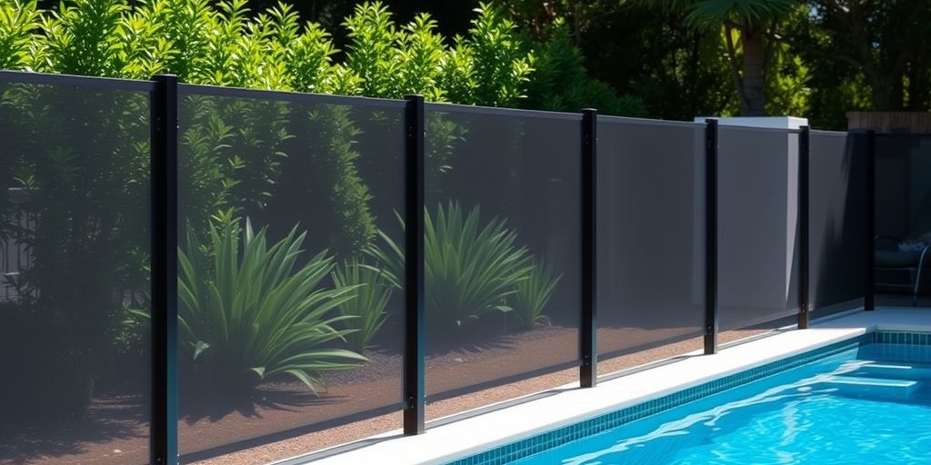 Modern pool with steel fence and greenery