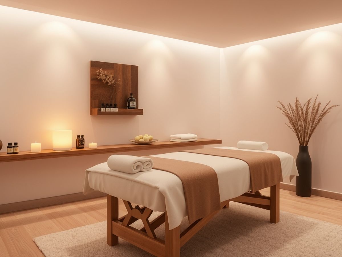 Serene spa room with massage table and calming decor
