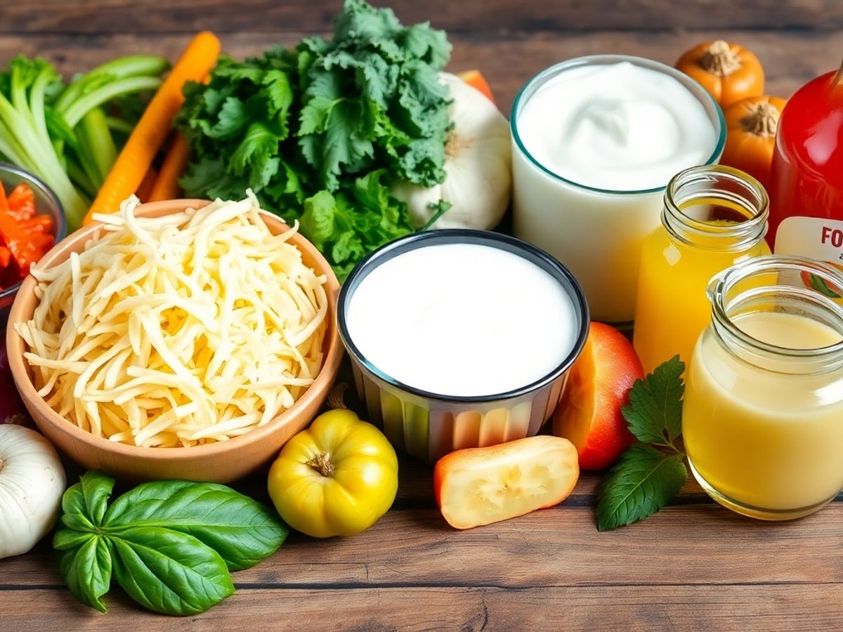 Colorful fermented foods on a wooden table.