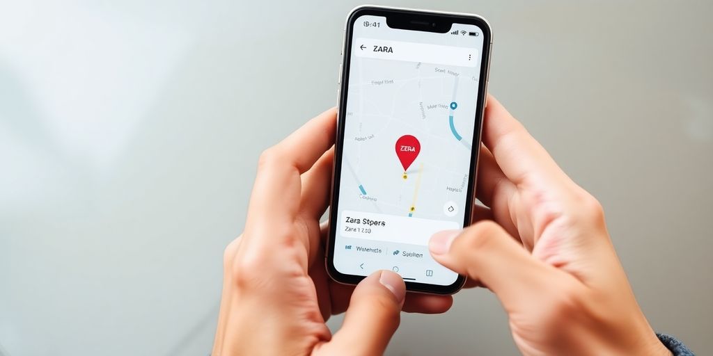 Smartphone screen displaying a map with a Zara store pin.